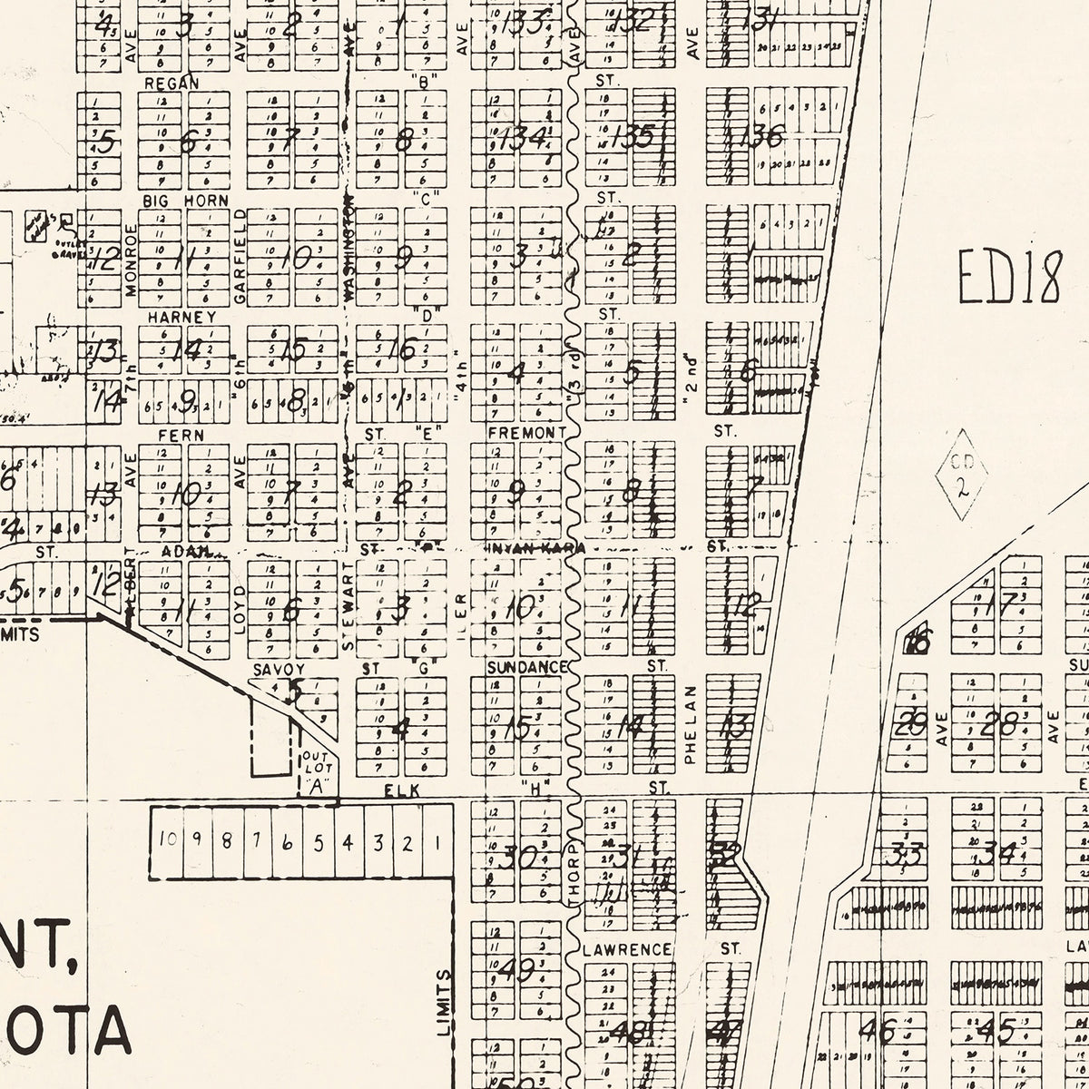 Restored historic details from the 1970 city map of Edgemont, South Dakota