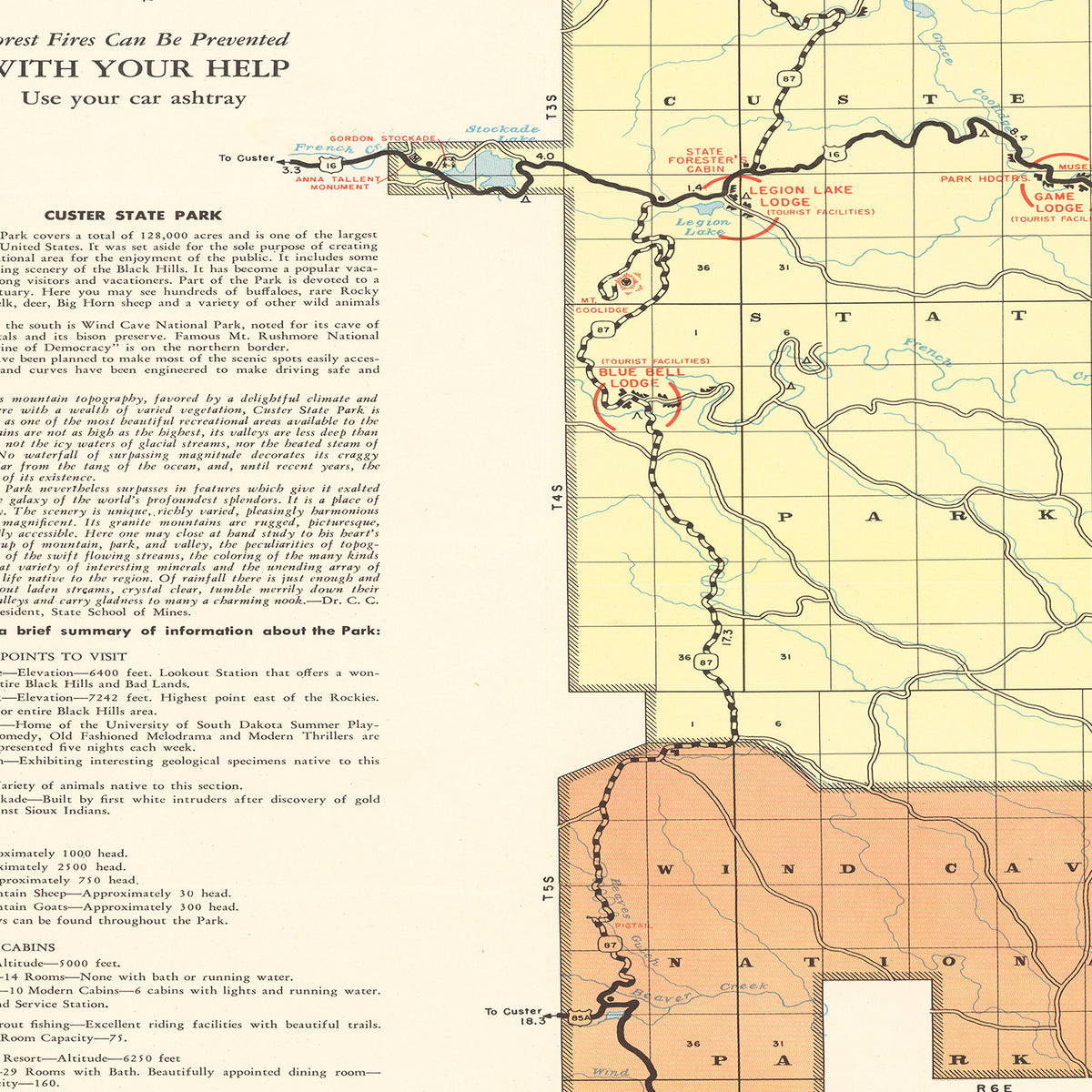 Restored historic details from the 1940 national park map of County, South Dakota