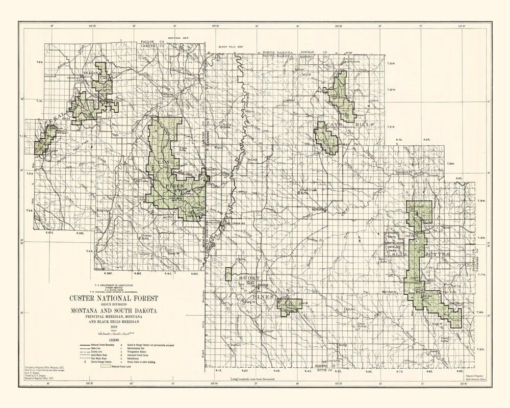 Vintage Custer National Forest Map 1938 print style example