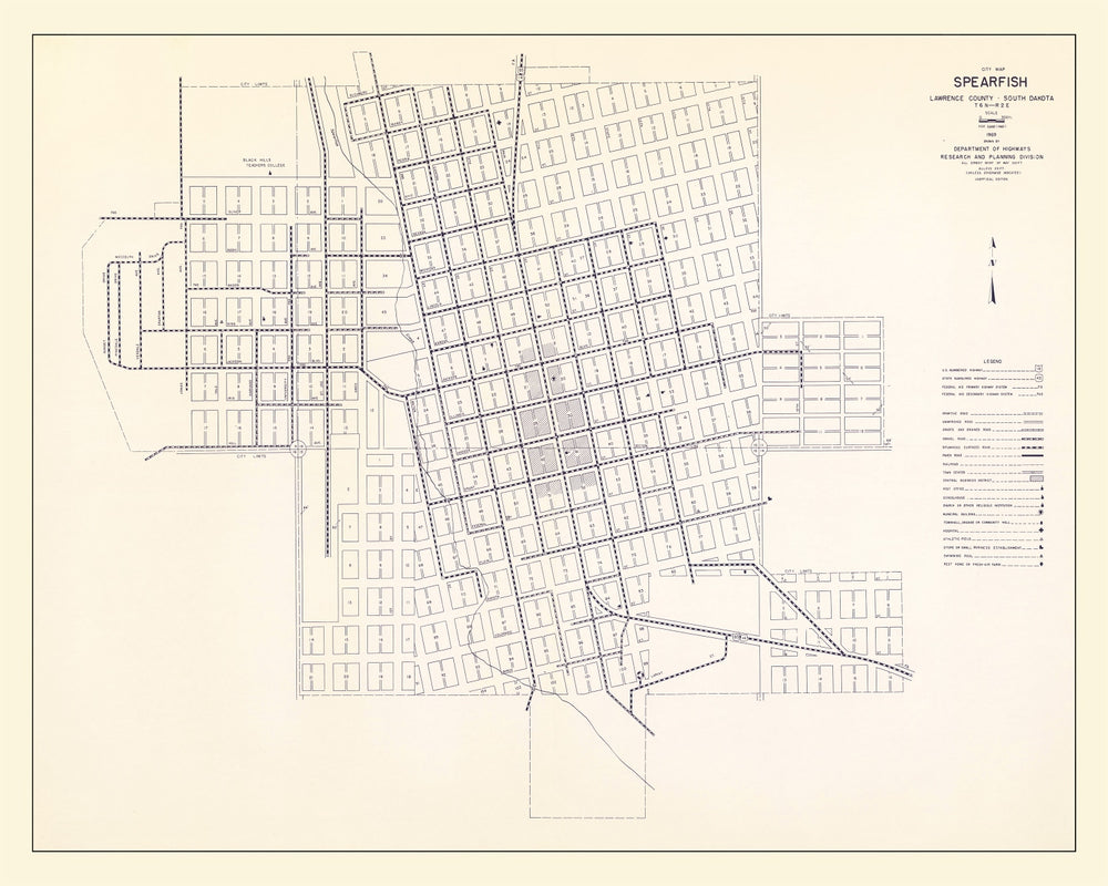Vintage Map of Spearfish, South Dakota 1969 print style example