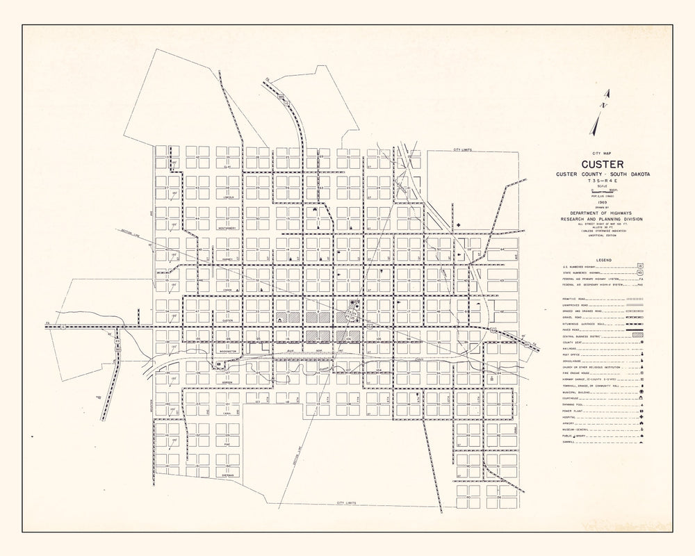 Vintage Map of Custer, South Dakota 1969 print style example