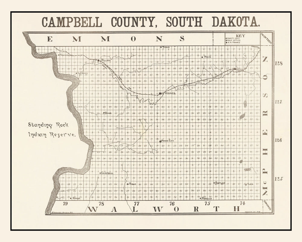 Vintage Map of Campbell County, South Dakota 1908 print style example