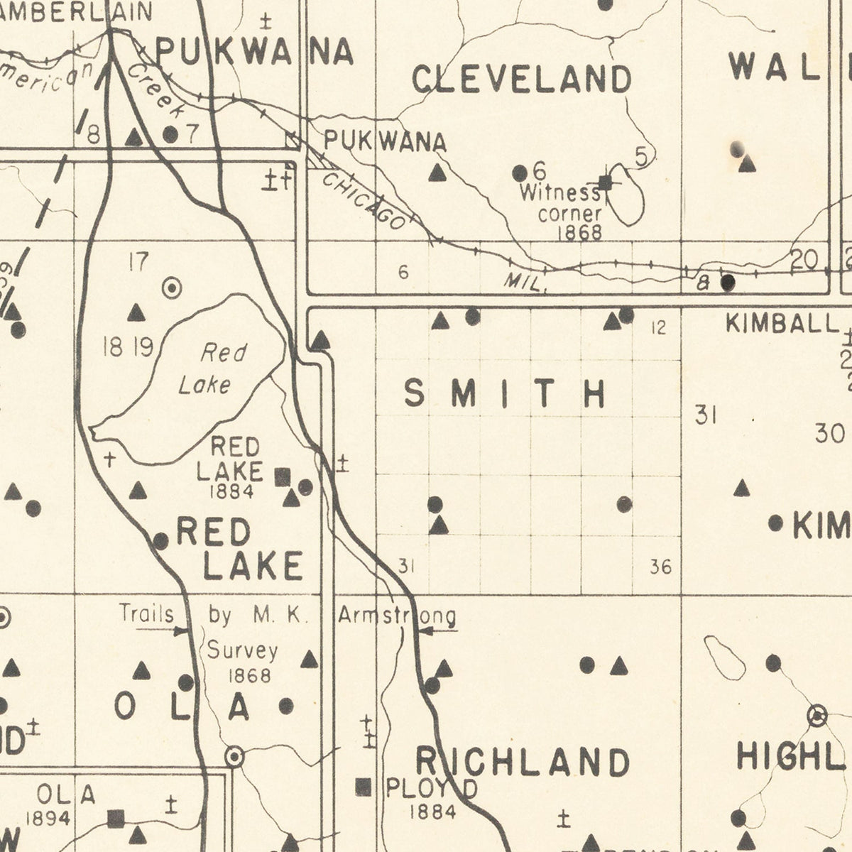 Restored historic details from the 1947 county map of Brule County, South Dakota