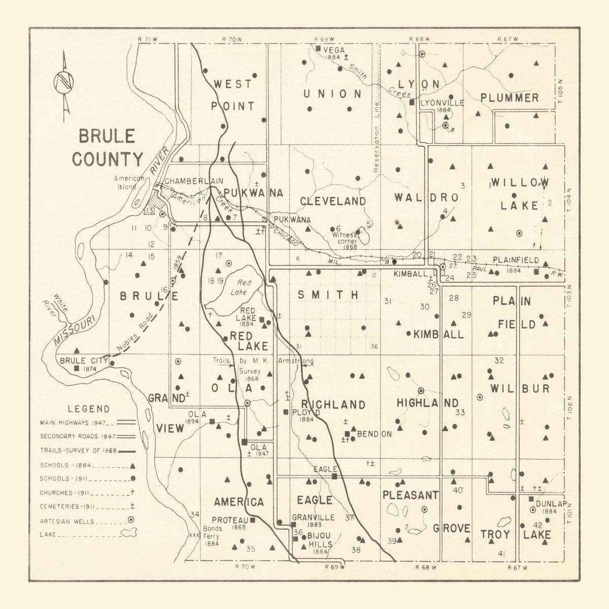 Preview of Vintage Map of Brule County, South Dakota 1947