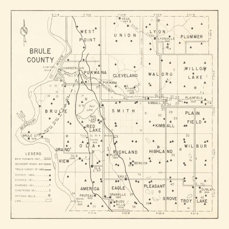 Size comparison using Vintage Map of Brule County, South Dakota 1947