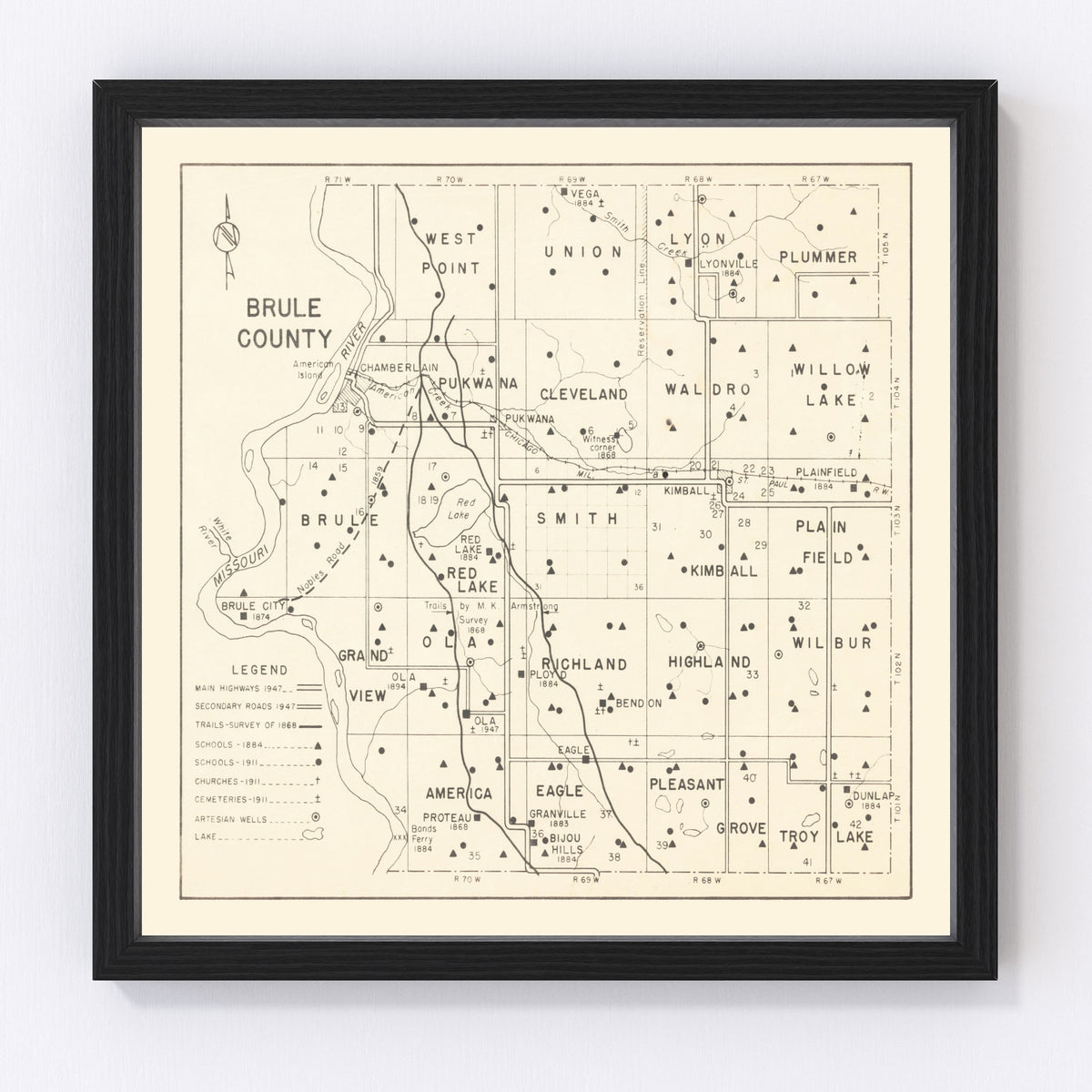 Brule County Vintage Map 1947