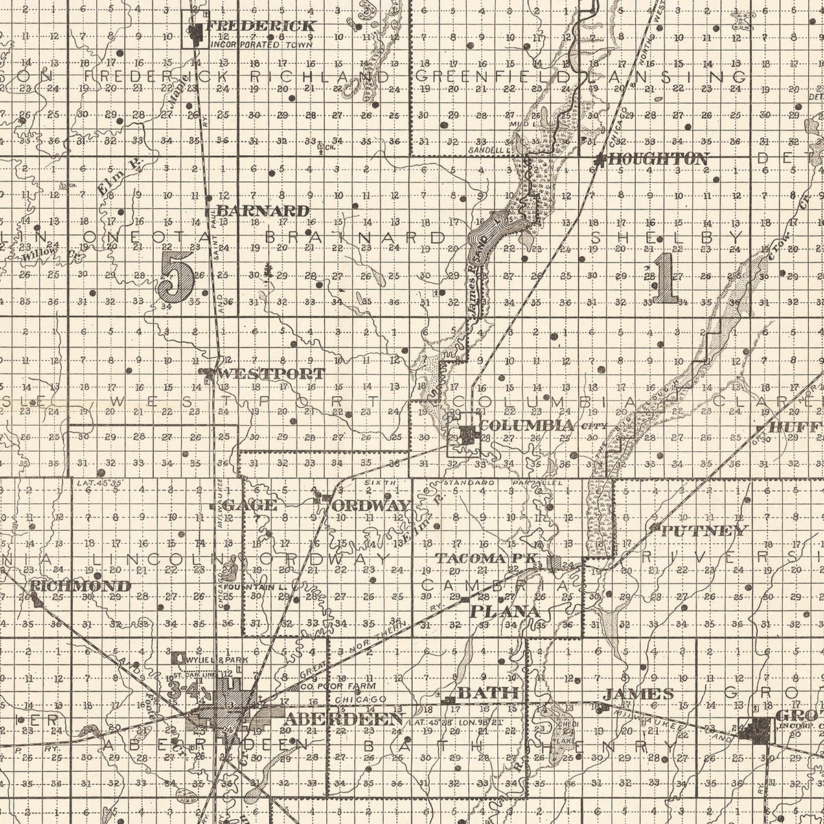 Restored historic details from the 1918 county map of Brown County, South Dakota
