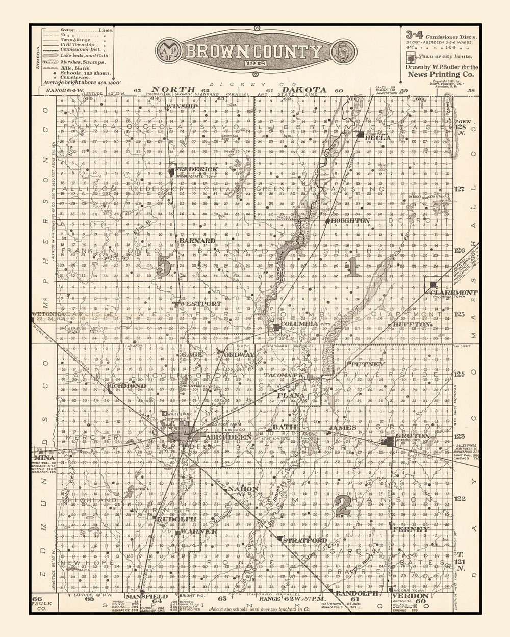 Vintage Map of Brown County, South Dakota 1918 print style example
