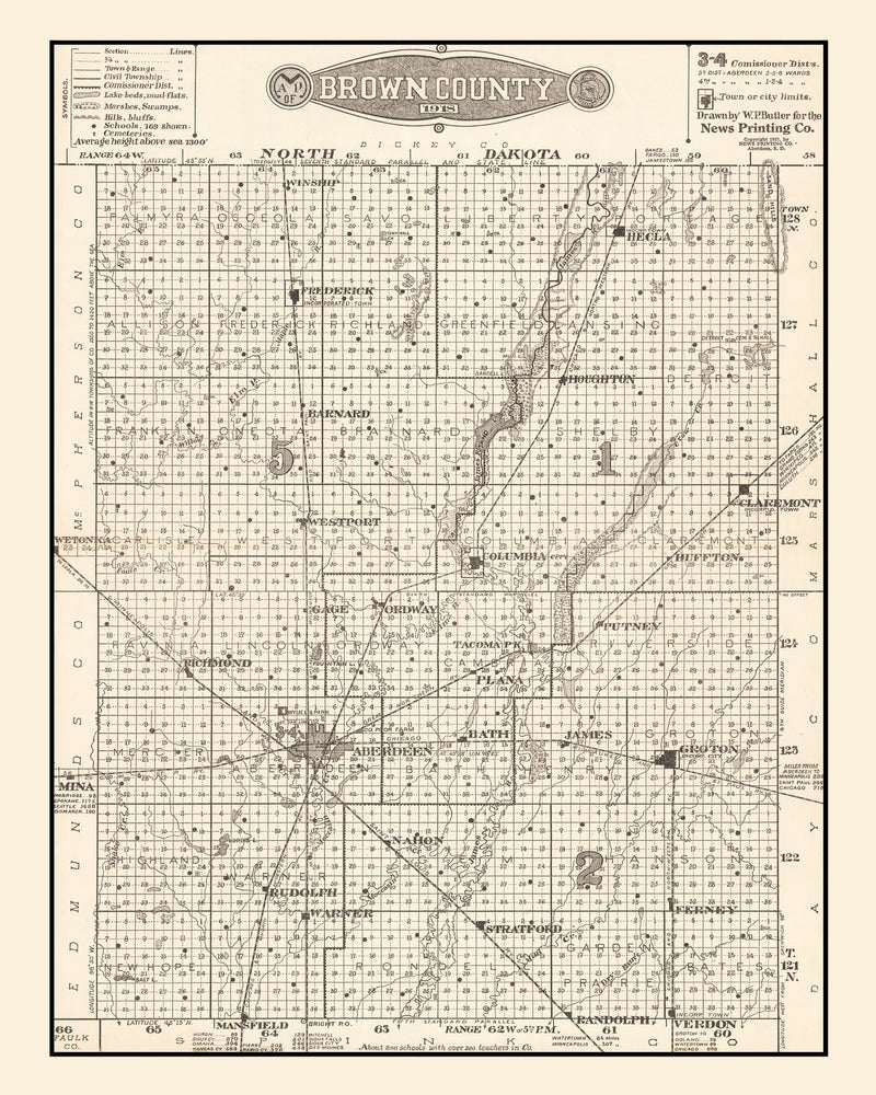 Size comparison using Vintage Map of Brown County, South Dakota 1918