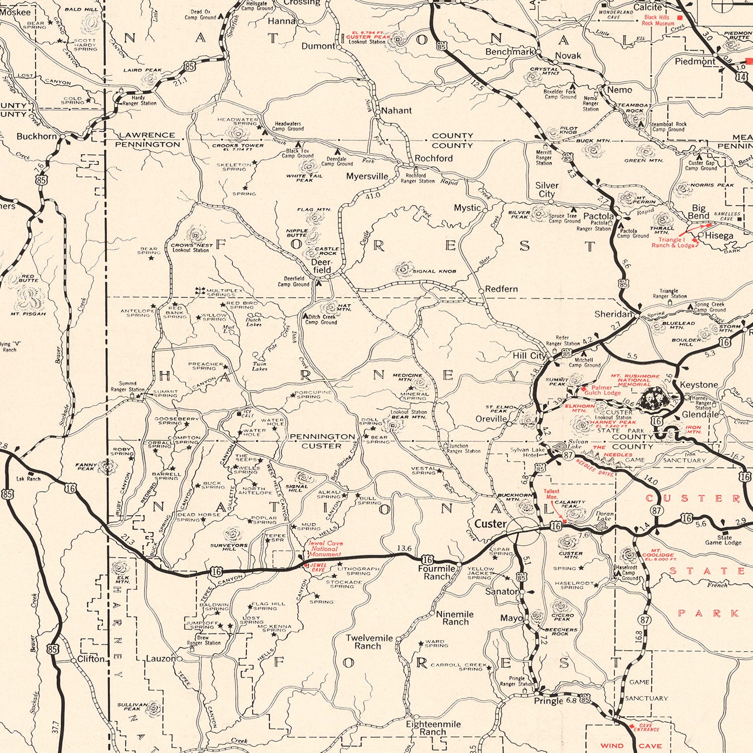 Restored historic details from the 1939 national park map of County, South Dakota