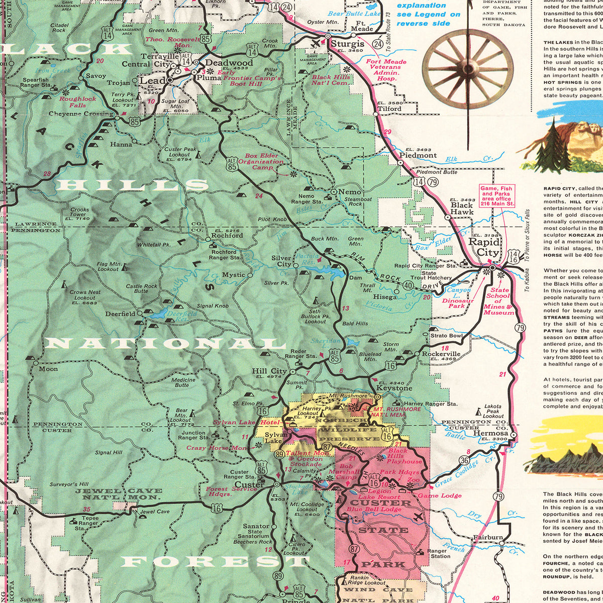 Restored historic details from the 1956 national park map of County, South Dakota