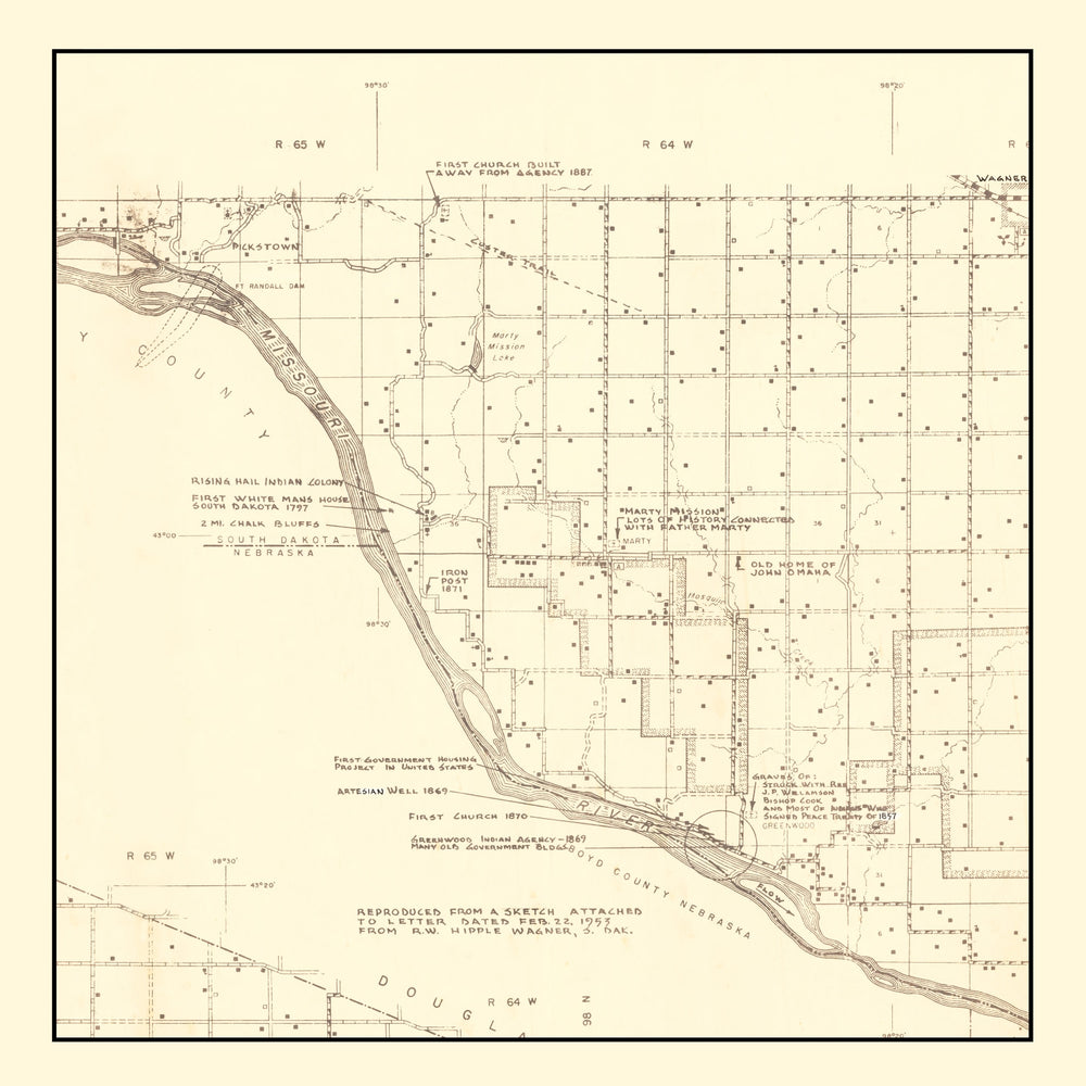 Vintage Map of Charles Mix County, South Dakota 1953 print style example