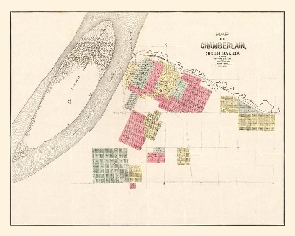 Vintage Map of Chamberlain, South Dakota 1890 print style example