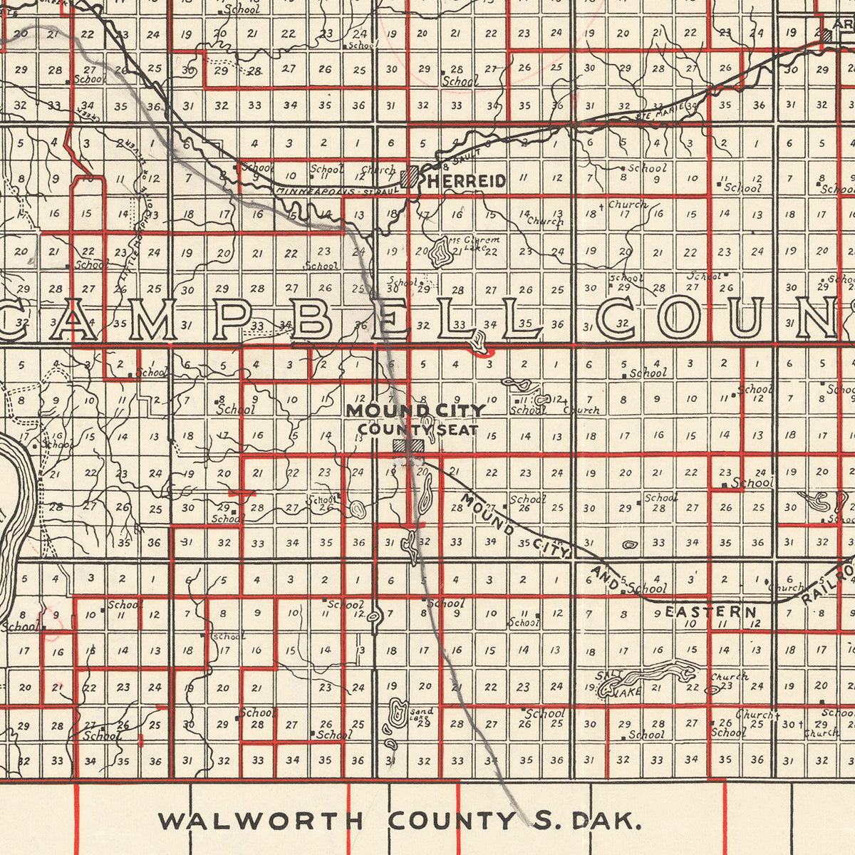 Restored historic details from the 1900 county map of Campbell County, South Dakota