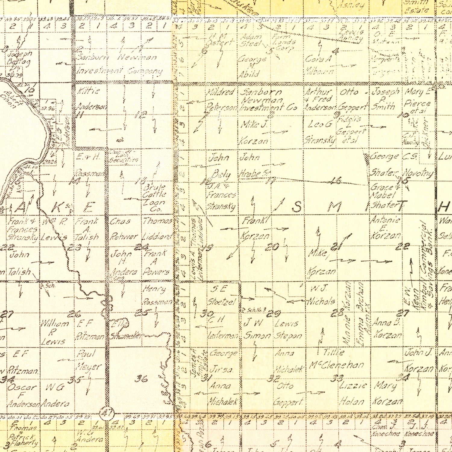 Restored historic details from the 1930 county map of Brule County, South Dakota