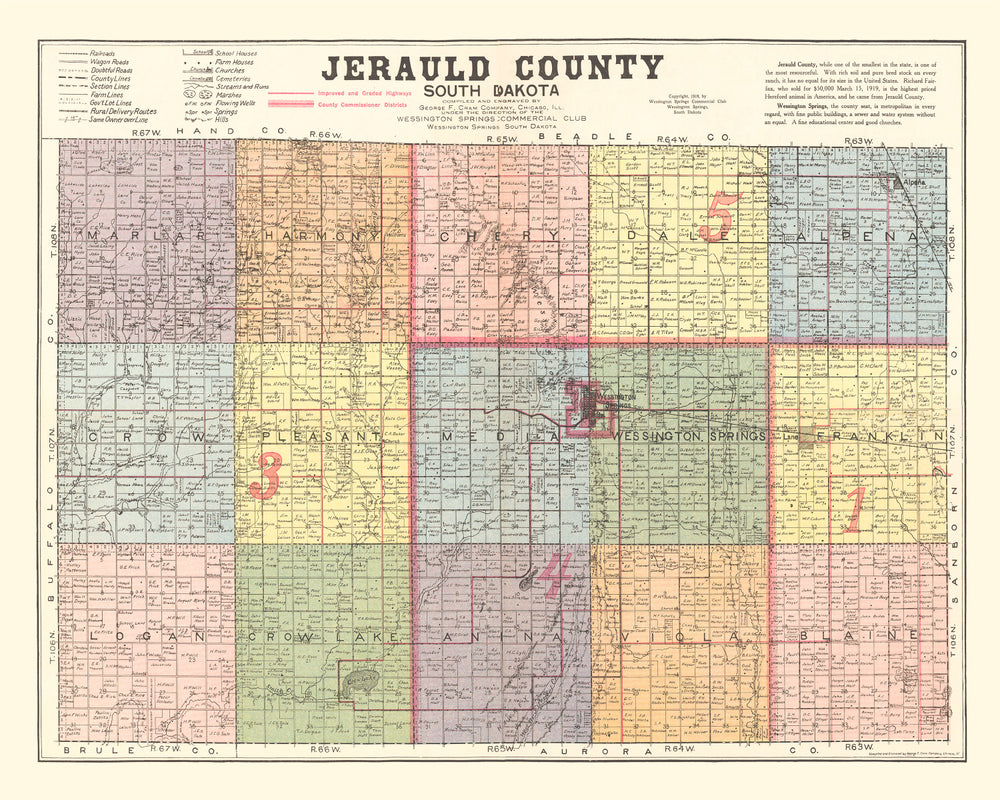 Vintage Map of Jerauld County, South Dakota 1919 print style example