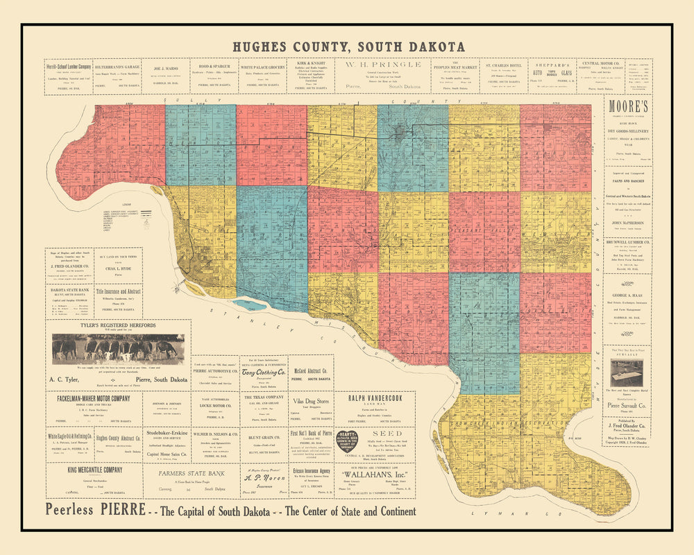 Vintage Map of Hughes County, South Dakota 1929 print style example