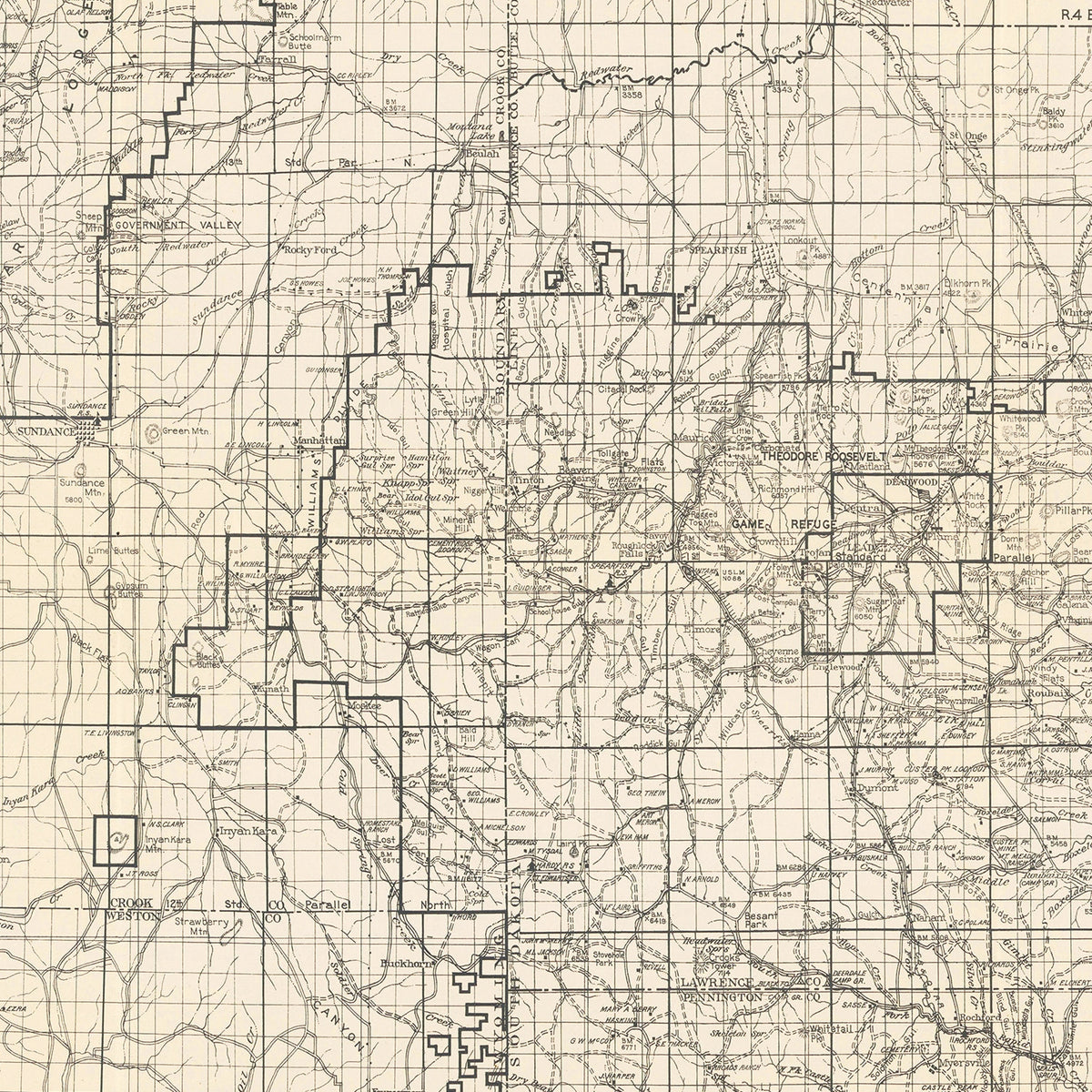 Restored historic details from the 1939 national park map of County, South Dakota