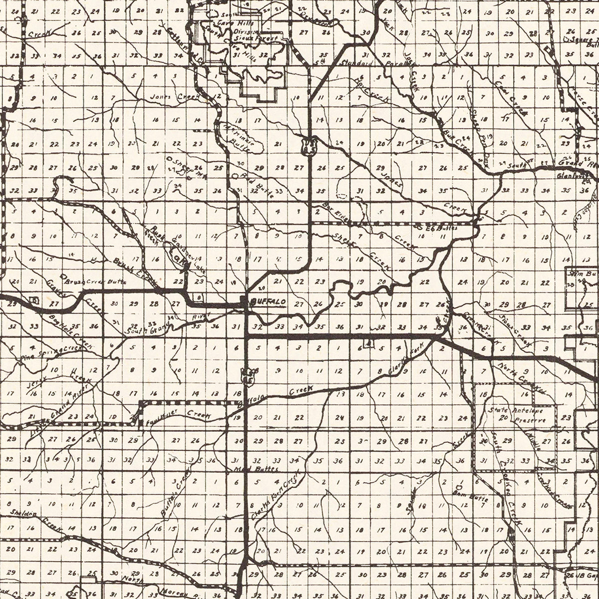 Restored historic details from the 1952 county map of Harding County, South Dakota