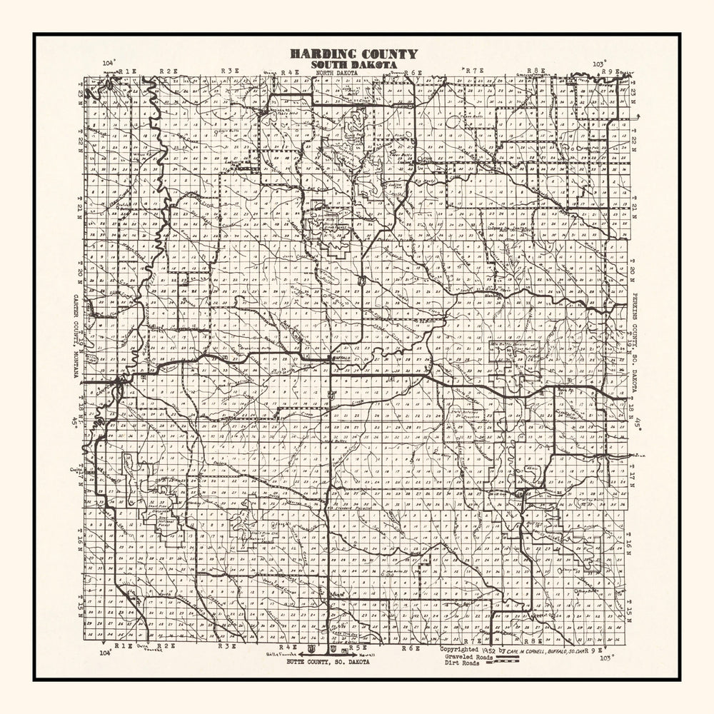 Vintage Map of Harding County, South Dakota 1952 print style example