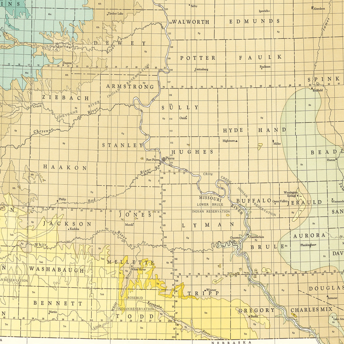 Restored historic details from the 1932 state map of County, South Dakota