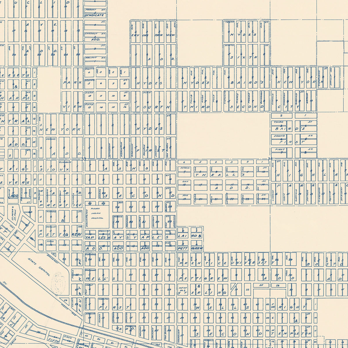 Restored historic details from the 1931 city map of Pierre, South Dakota