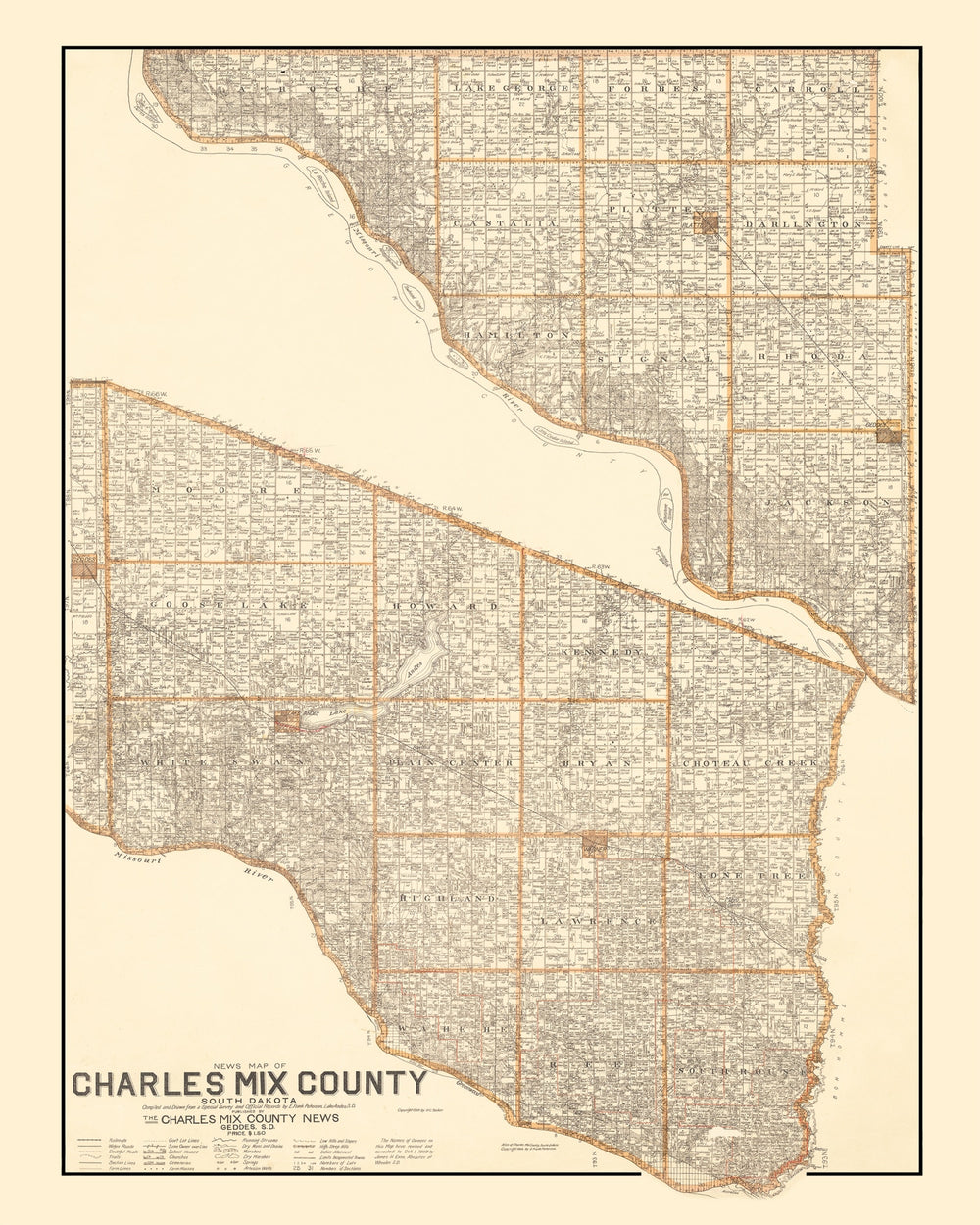 Vintage Map of Charles Mix County, South Dakota 1909 print style example
