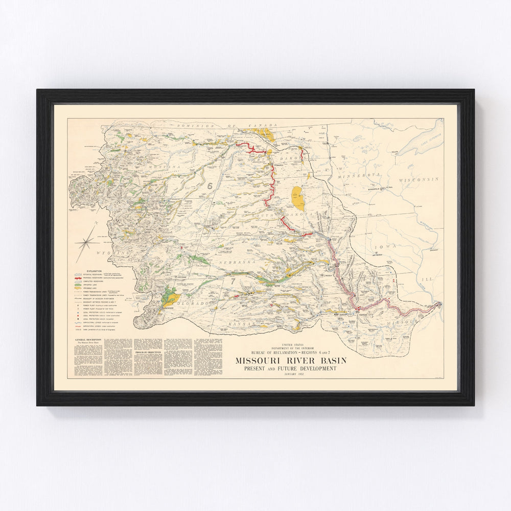 Missouri River Basin Vintage Map 1952