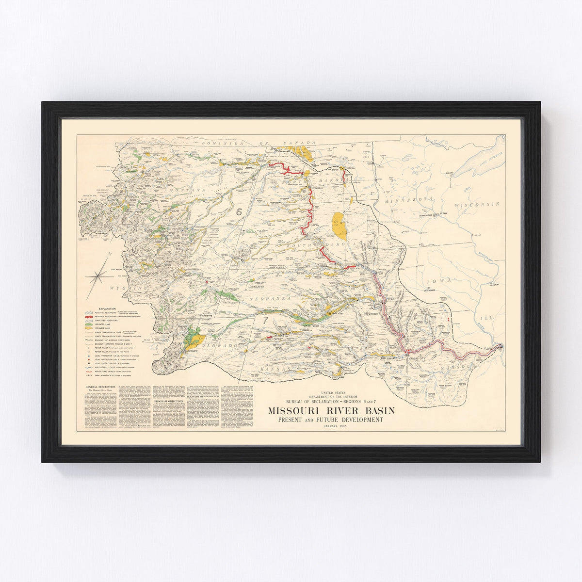 Missouri River Basin Vintage Map 1952