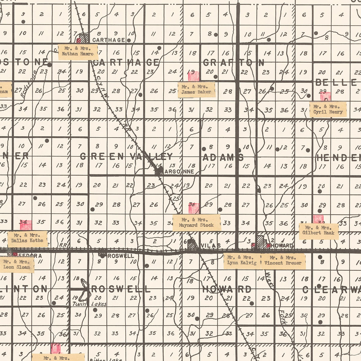Restored historic details from the 1954 county map of Miner County, South Dakota