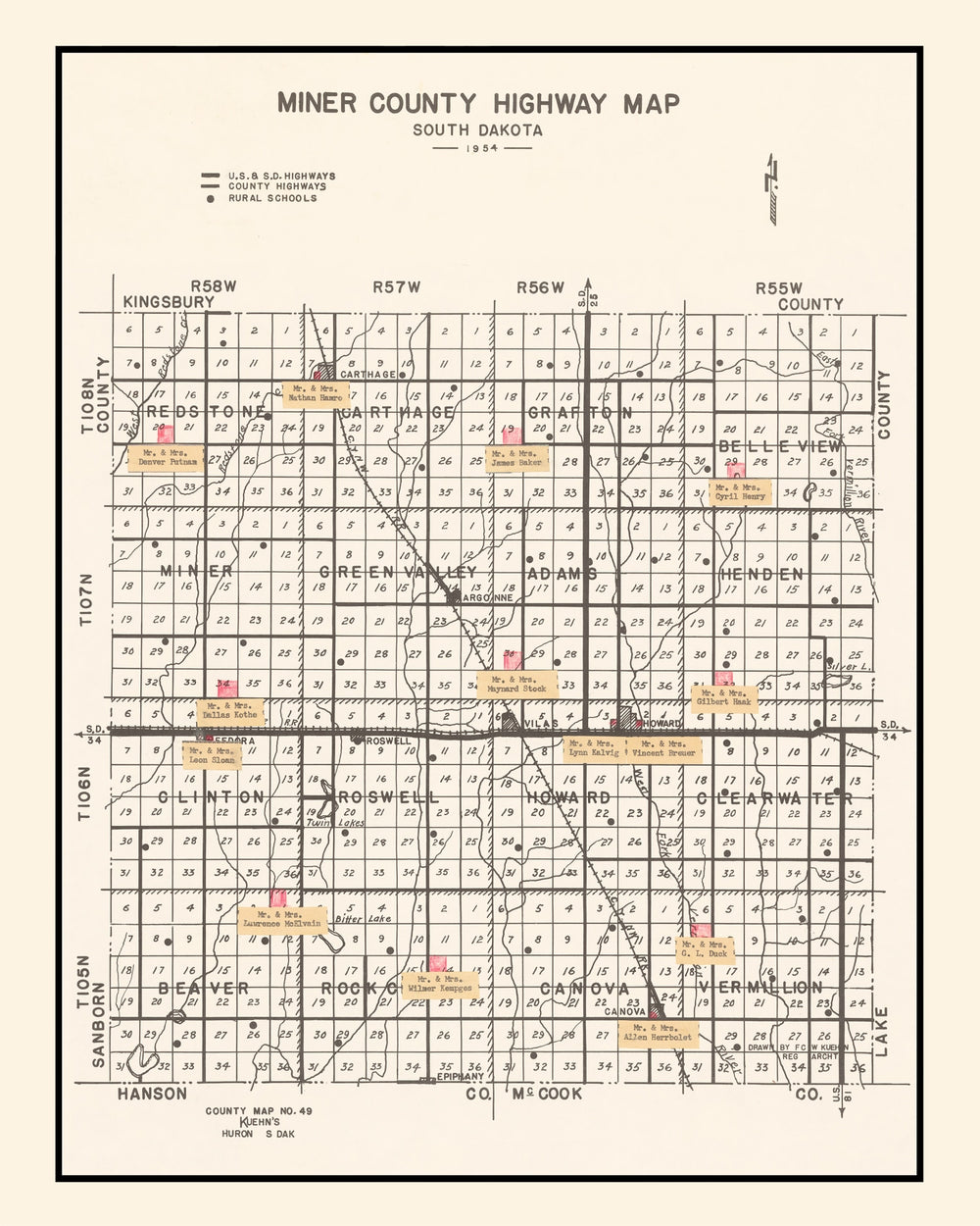Vintage Map of Miner County, South Dakota 1954 print style example