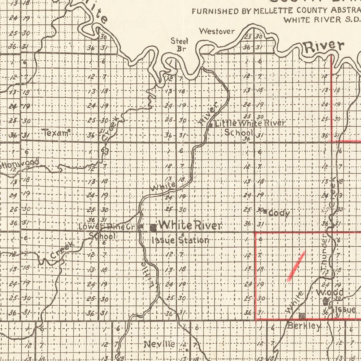 Restored historic details from the 1900 county map of Mellette County, South Dakota