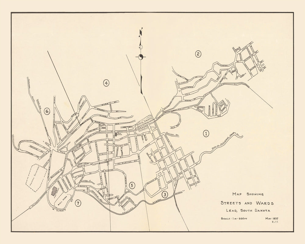 Vintage Map of Lead, South Dakota 1937 print style example