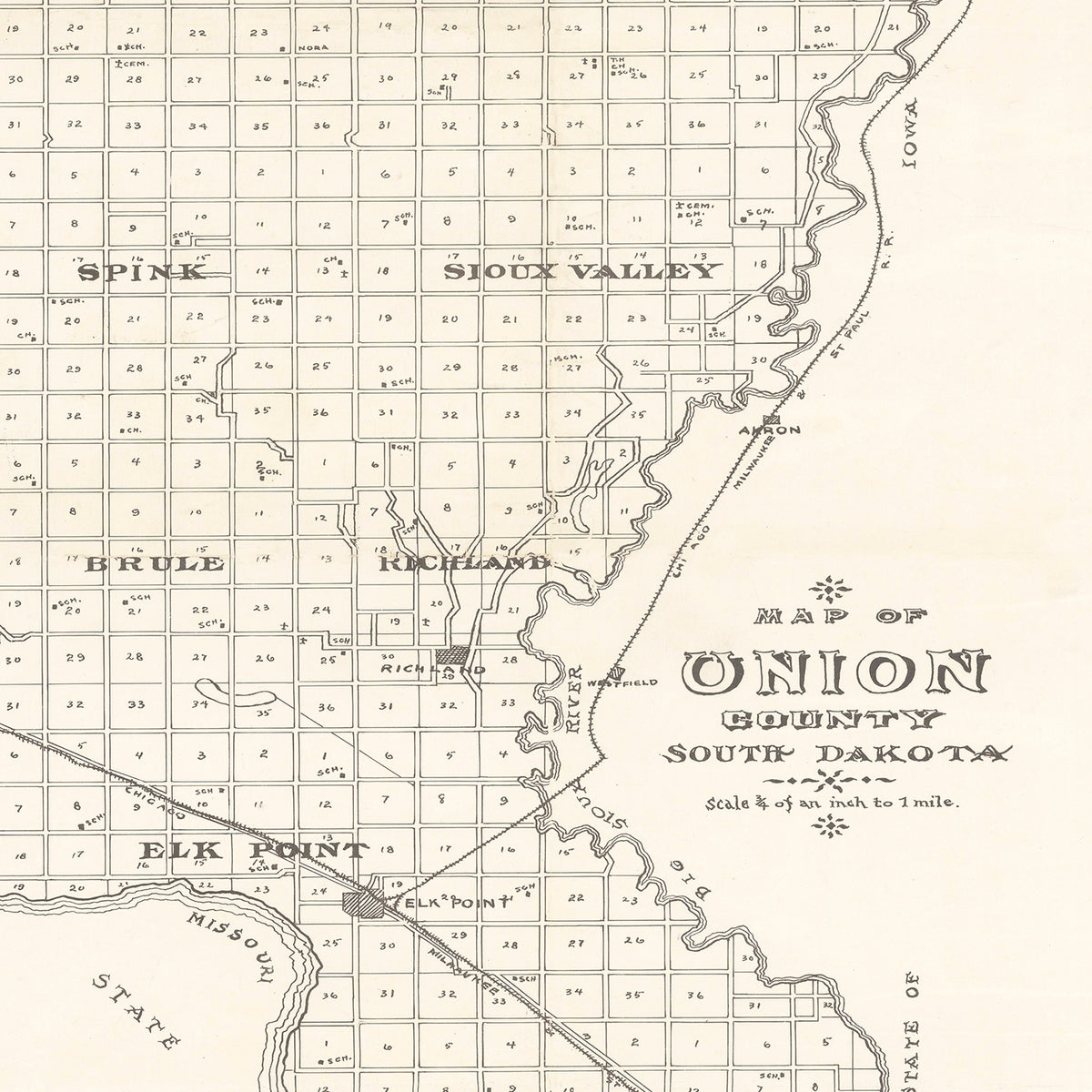 Restored historic details from the 1900 county map of Union County, South Dakota
