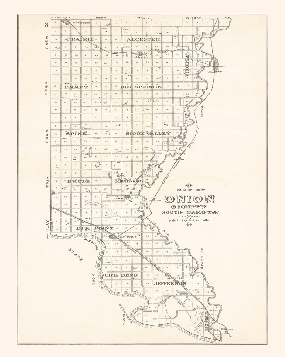 Vintage Map of Union County, South Dakota 1900 print style example