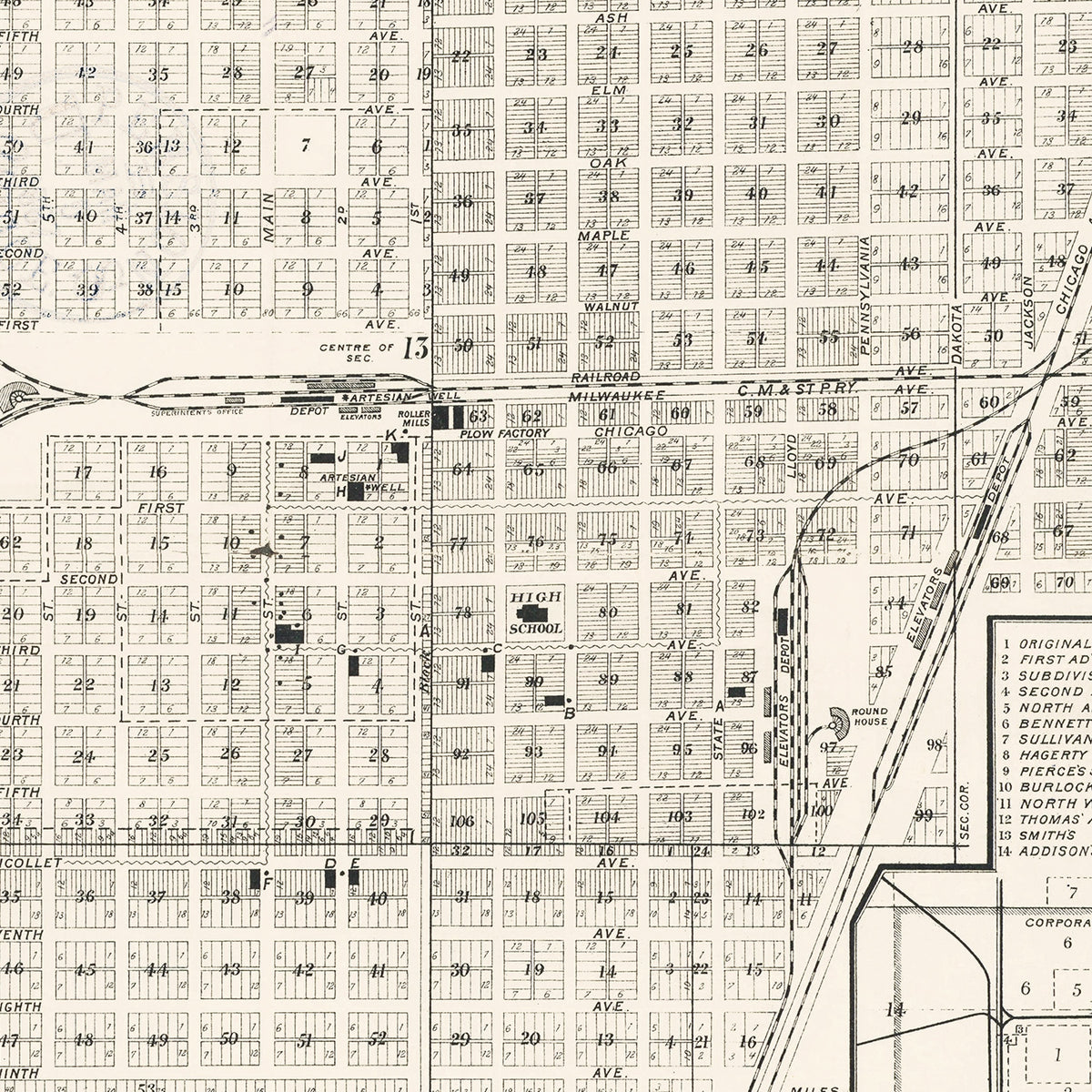 Restored historic details from the 1886 city map of Aberdeen, South Dakota