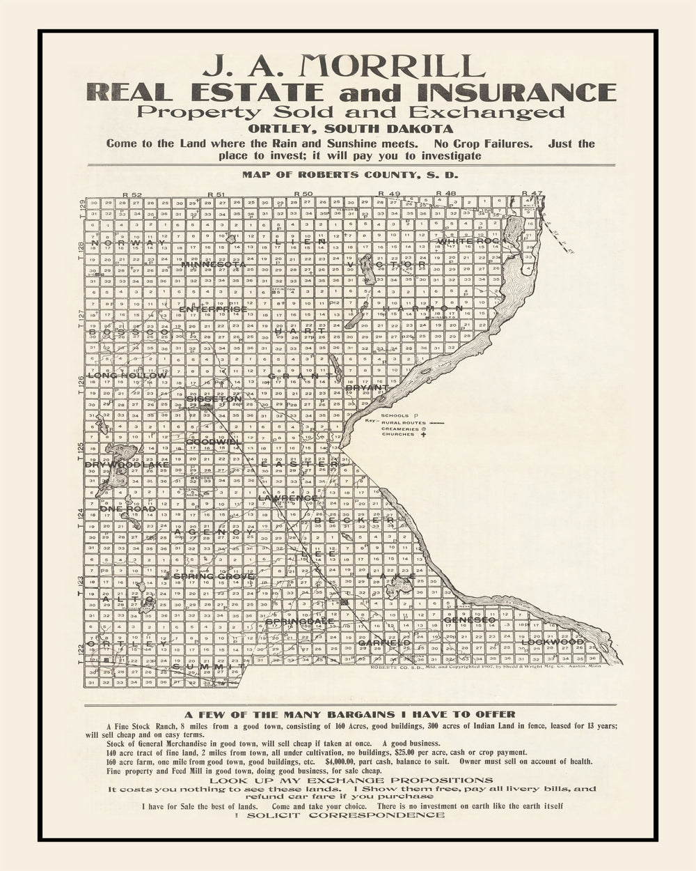 Vintage Map of Roberts County, South Dakota 1907 print style example