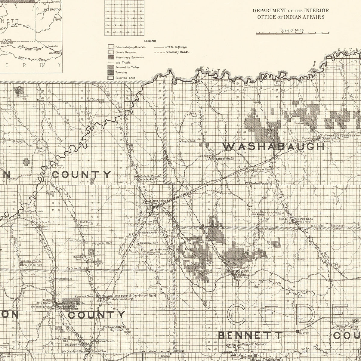 Restored historic details from the 1914 region map of County, South Dakota