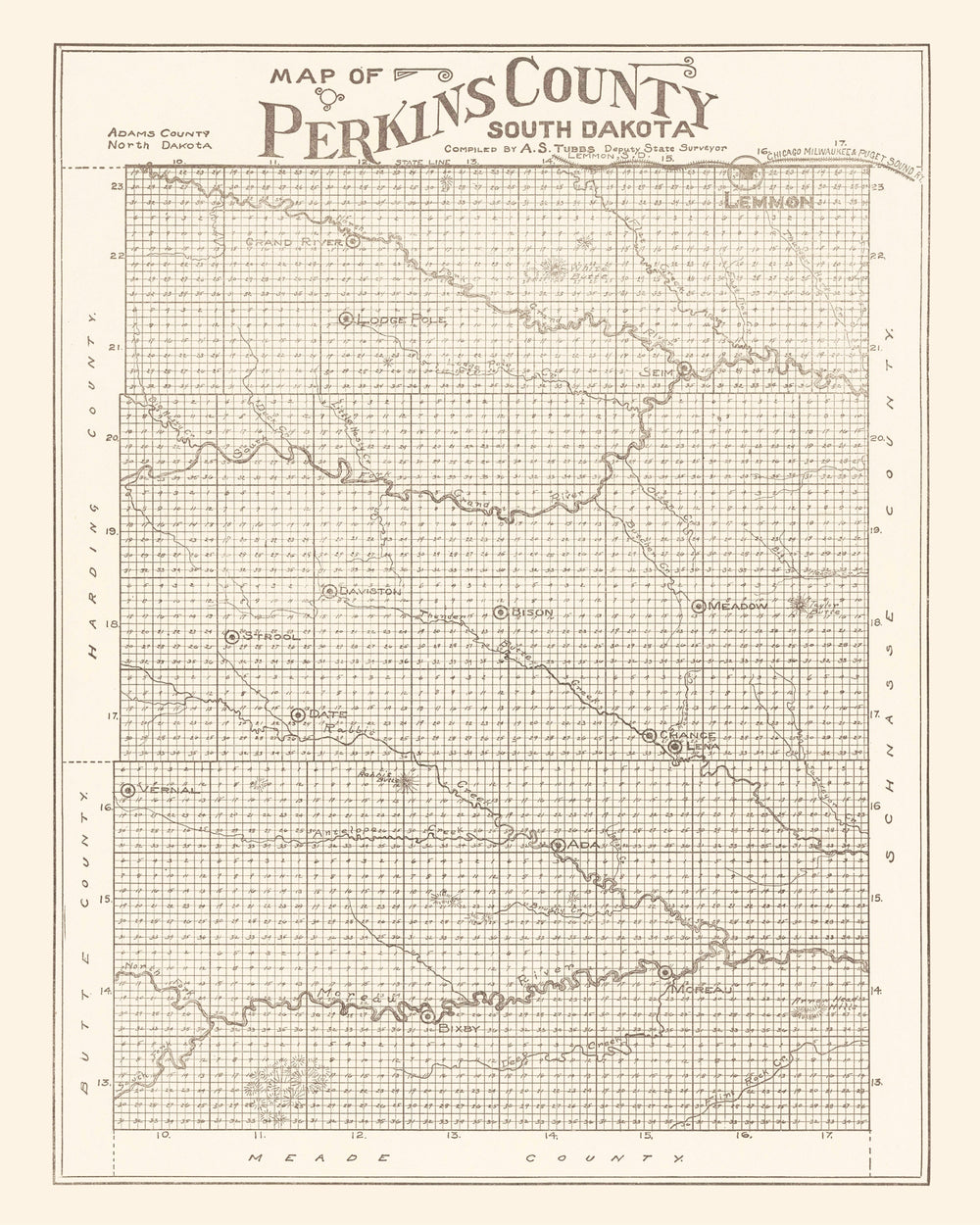 Vintage Map of Perkins County, South Dakota 1919 print style example
