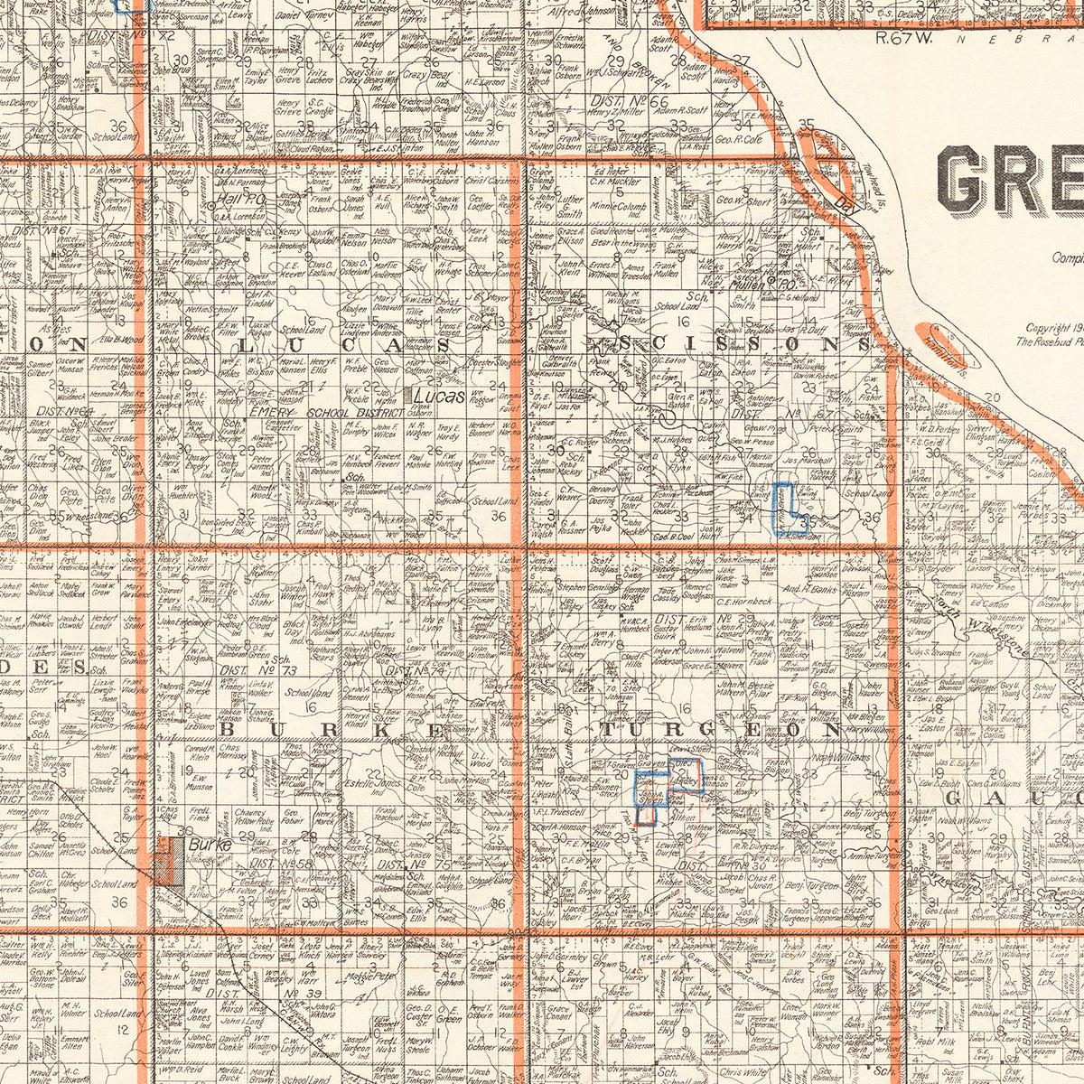 Restored historic details from the 1909 county map of Gregory County, South Dakota