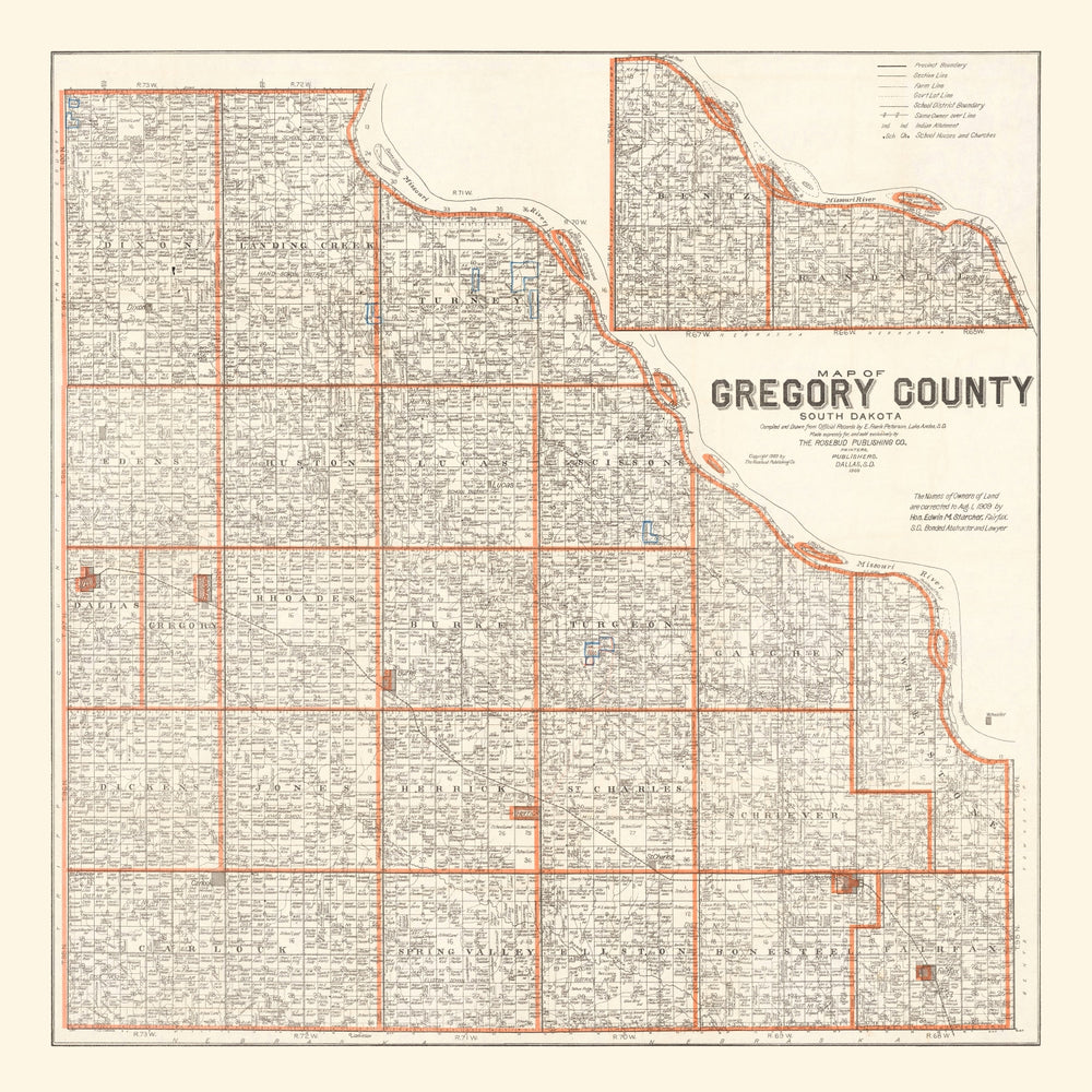 Vintage Map of Gregory County, South Dakota 1909 print style example