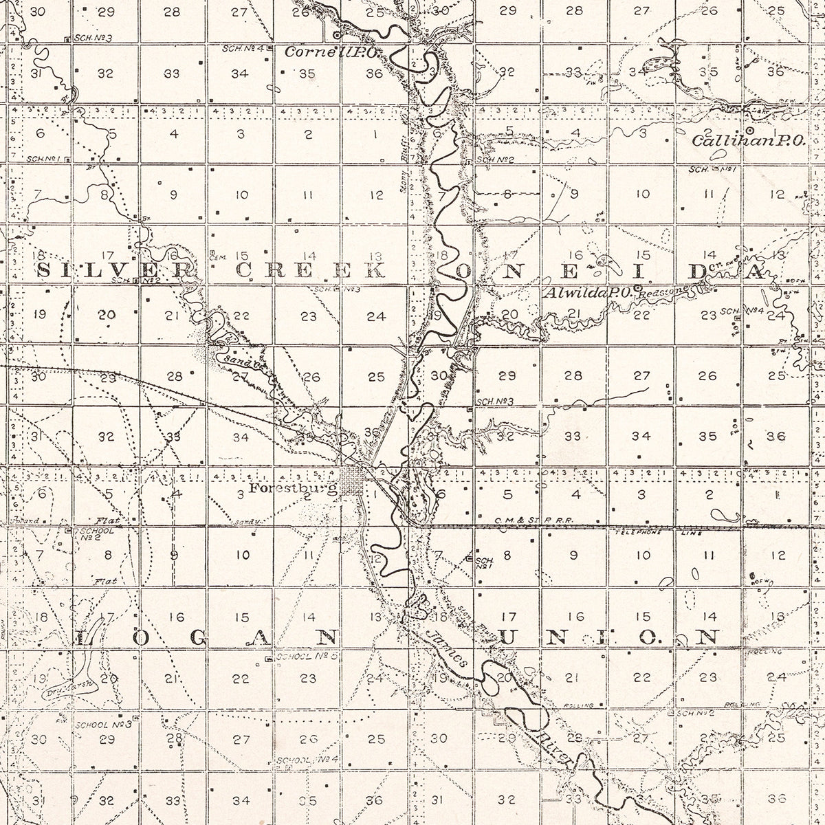 Restored historic details from the 1900 county map of Sanborn County, South Dakota