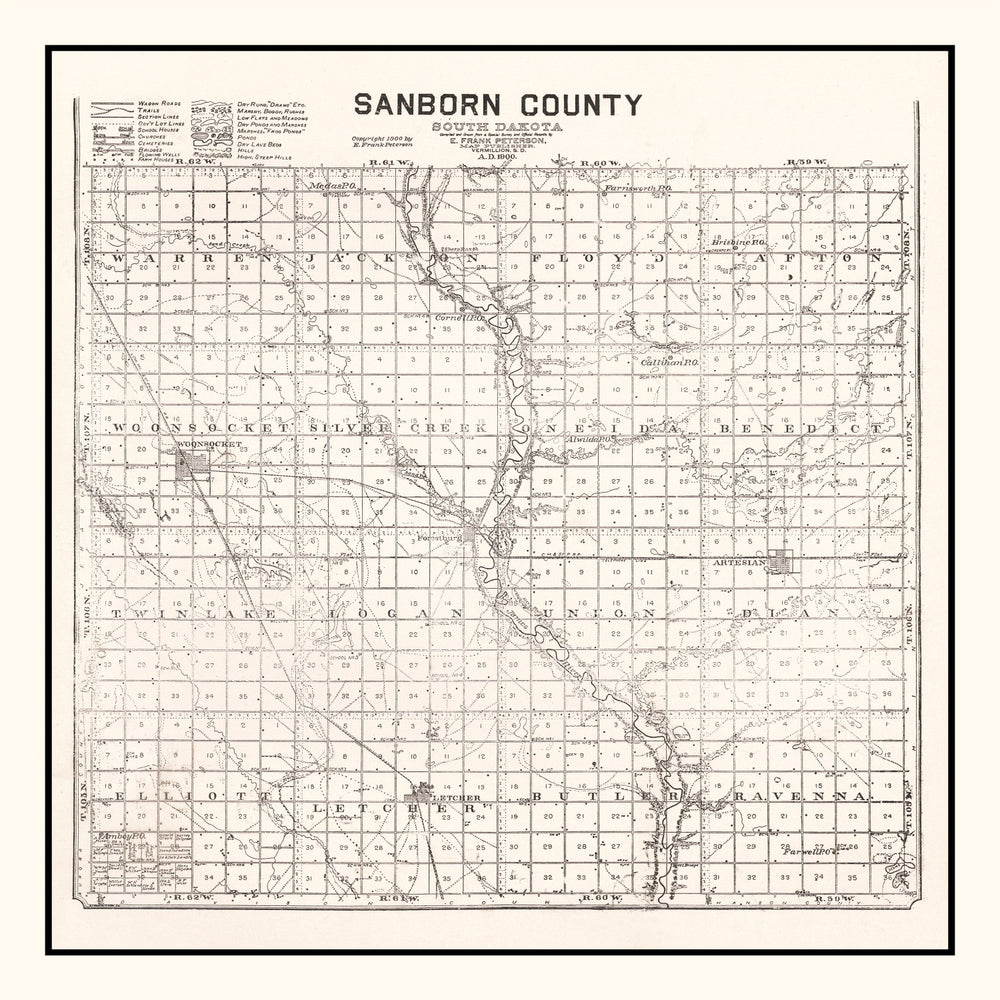 Vintage Map of Sanborn County, South Dakota 1900 print style example