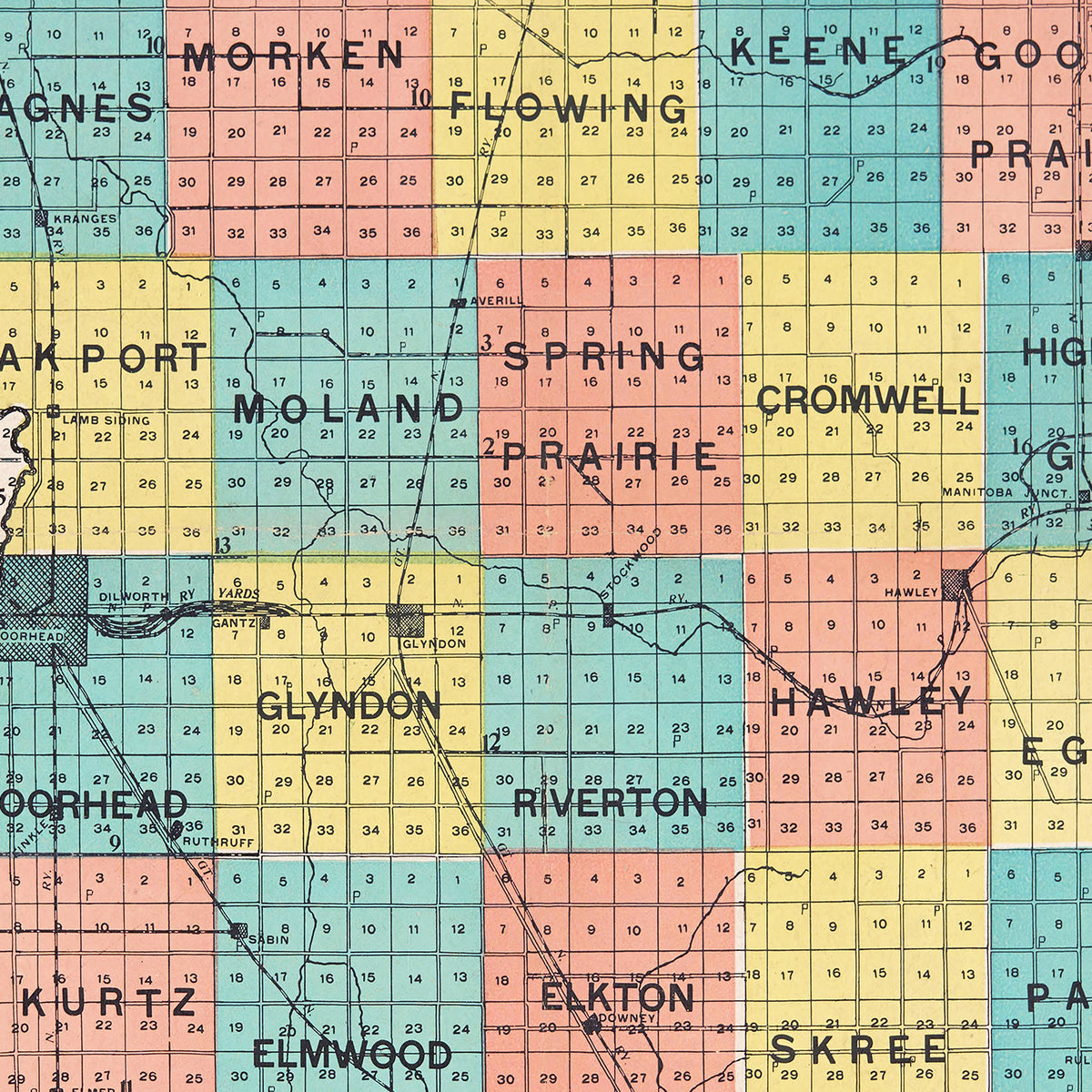 Restored historic details from the 1907 county map of Clay County, Minnesota