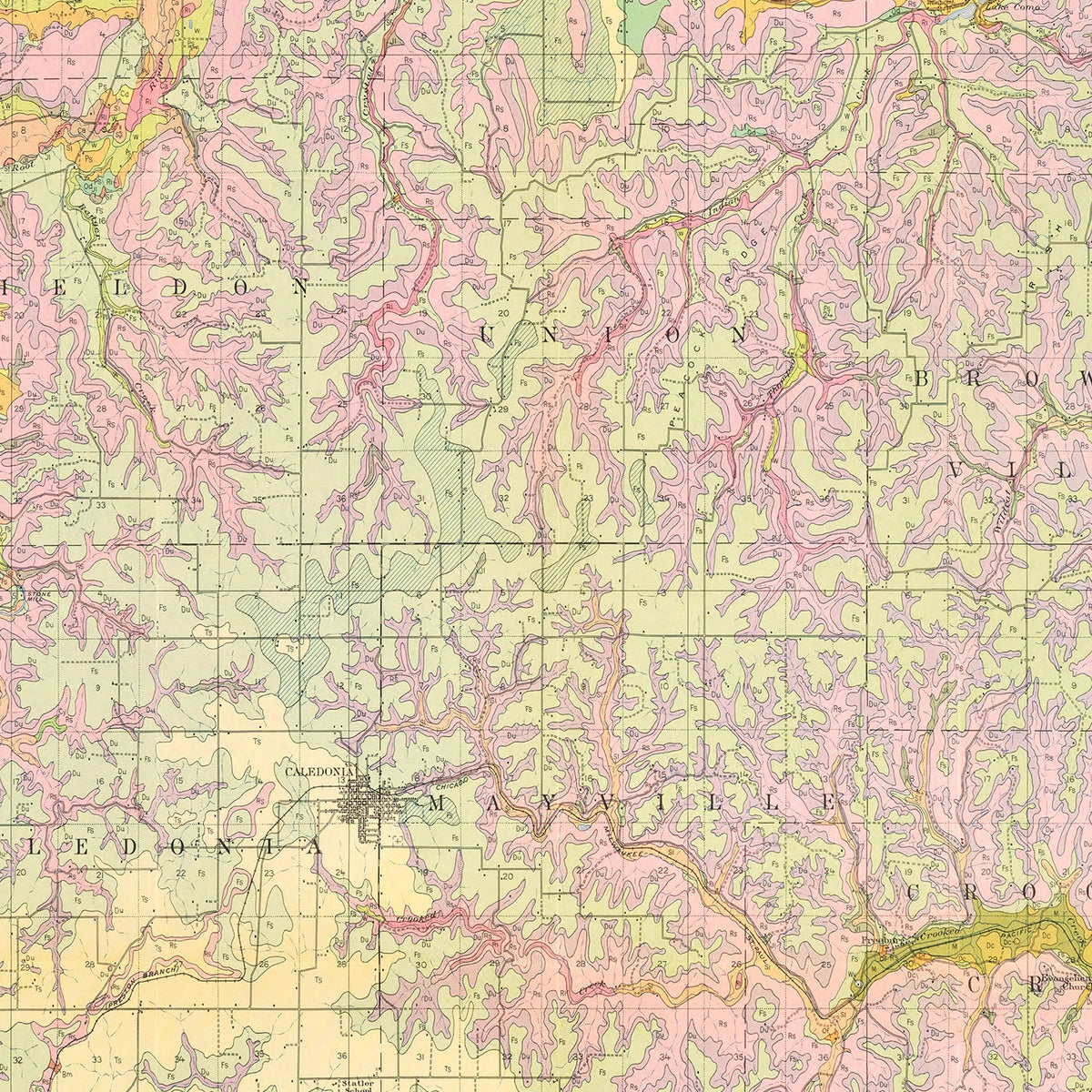 Restored historic details from the 1929 county map of Houston County, Minnesota