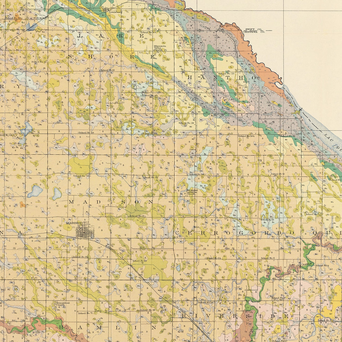 Restored historic details from the 1924 county map of Lac Qui Parle County, Minnesota