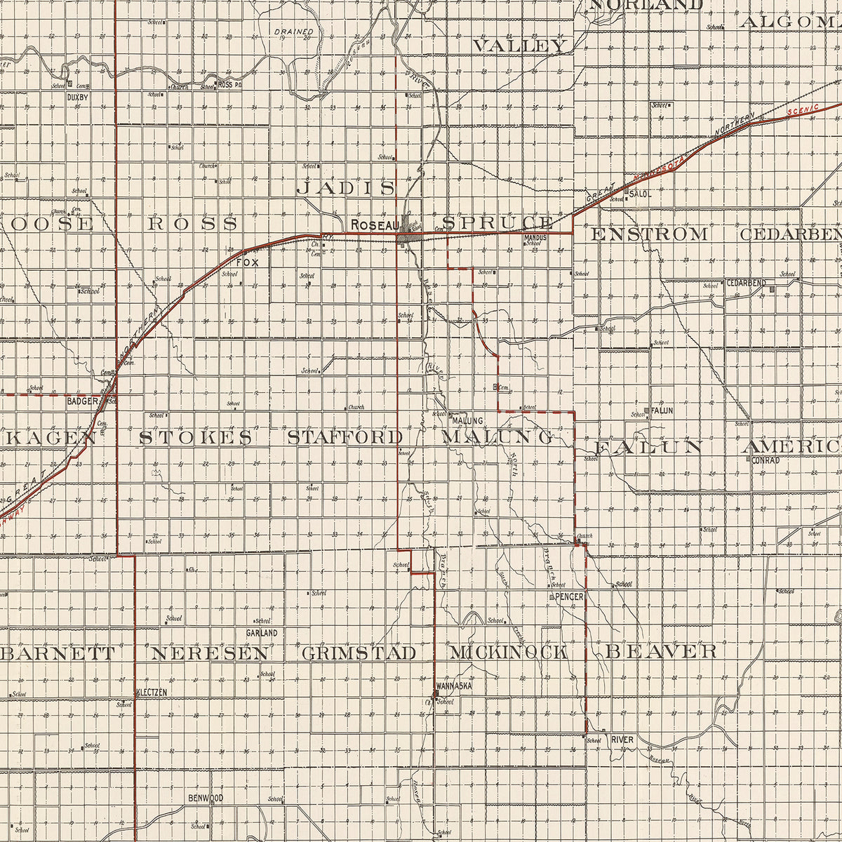 Restored historic details from the 1921 county map of Roseau County, Minnesota