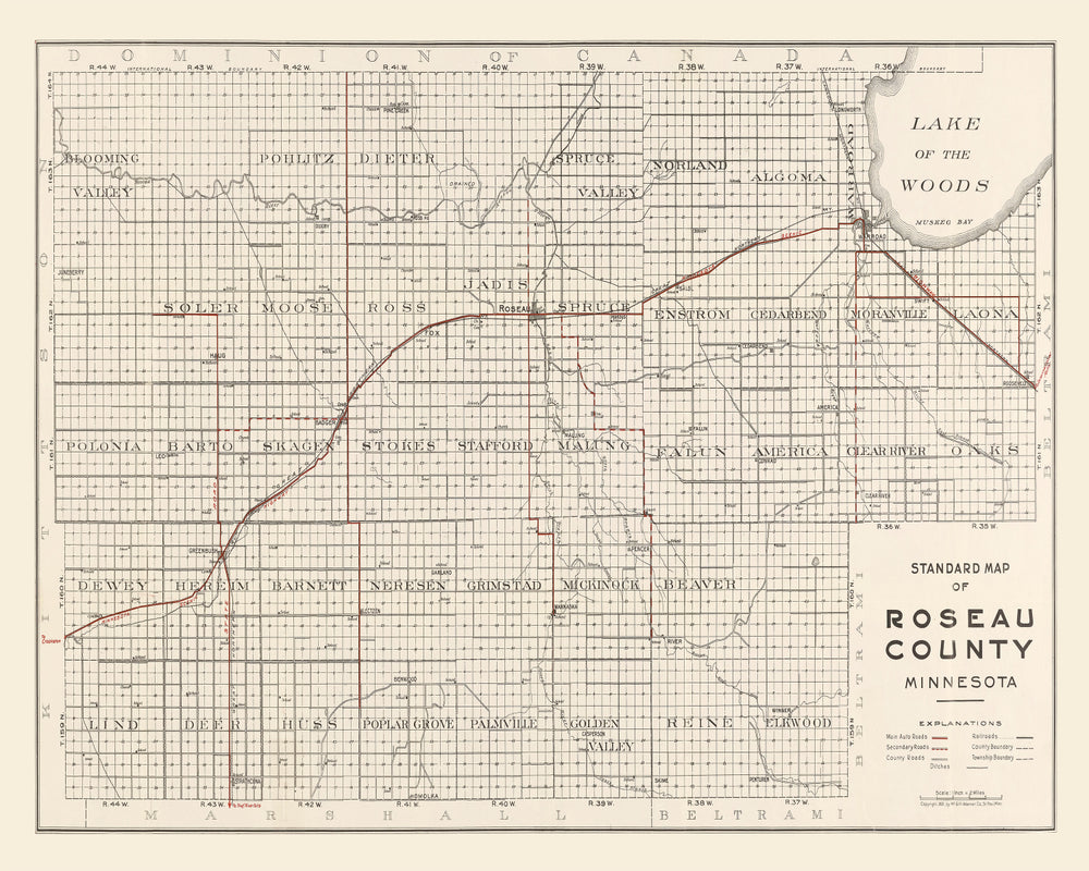 Vintage Map of Roseau County, Minnesota 1921 print style example