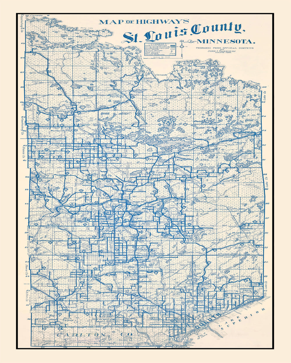 Vintage Map of St. Louis County, Minnesota 1920 print style example
