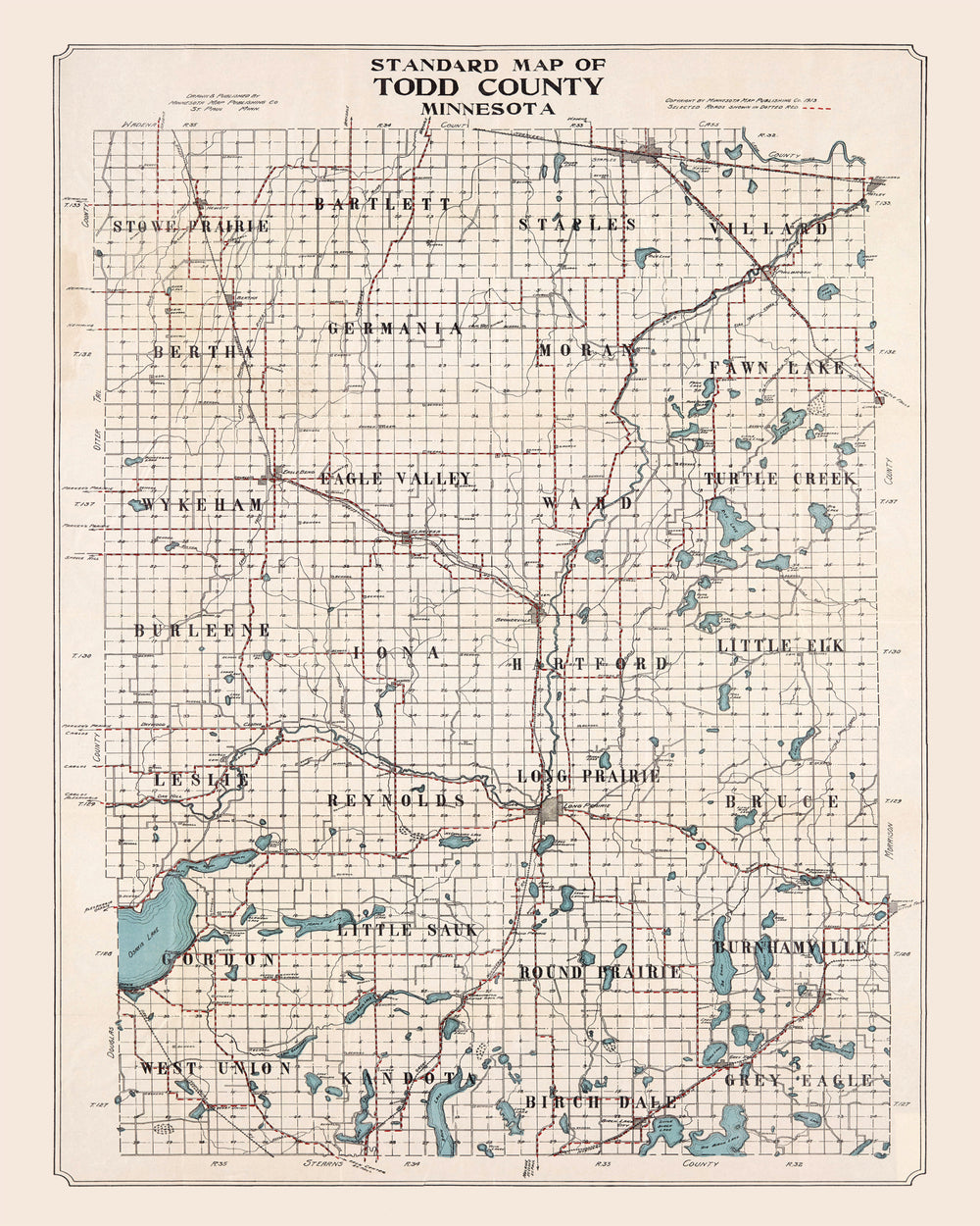 Vintage Map of Todd County, Minnesota 1913 print style example